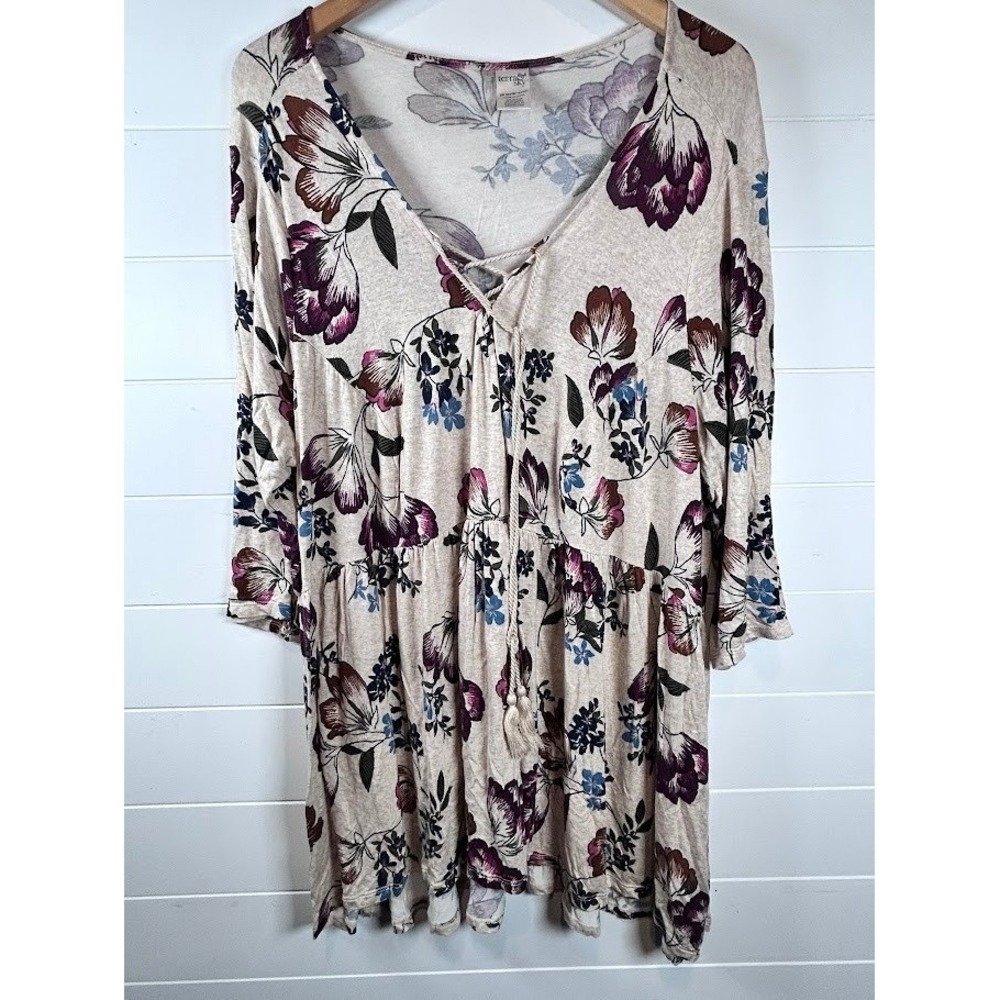 Terra‎ & Sky Plus Size 2X Floral Lace Up Tunic Top Oatmeal Heather 3/4 Sleeve